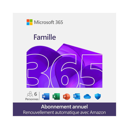 Abonnement 12 mois Microsoft 365 Famille 6 utilisateurs | Jusqu'à 6To de Stockage Onedrive | Renouvellement automatique via amazon
