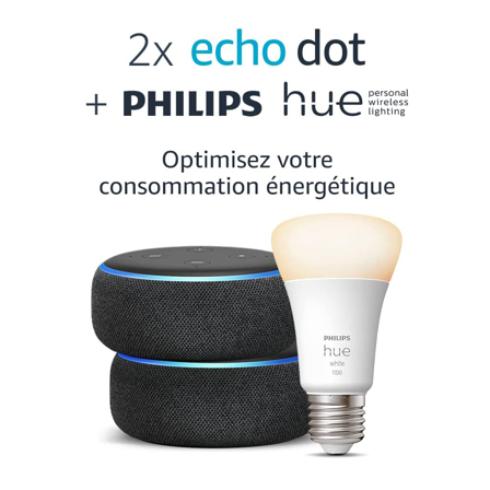 Amazon : 2 Echo Dot (3ème génération), Tissu anthracite + Philips Hue White ampoule connectée (E27)